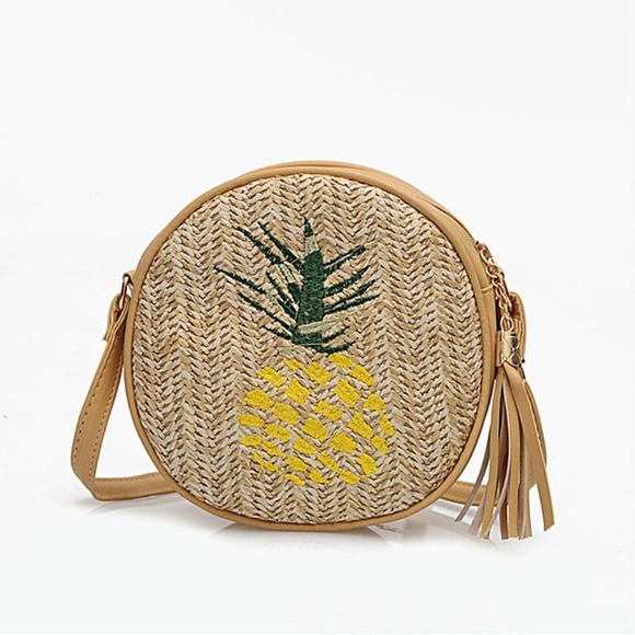 Sea La Vie Handbags - Tropical Pineapple Embroidered Round Straw Crossbody Bag